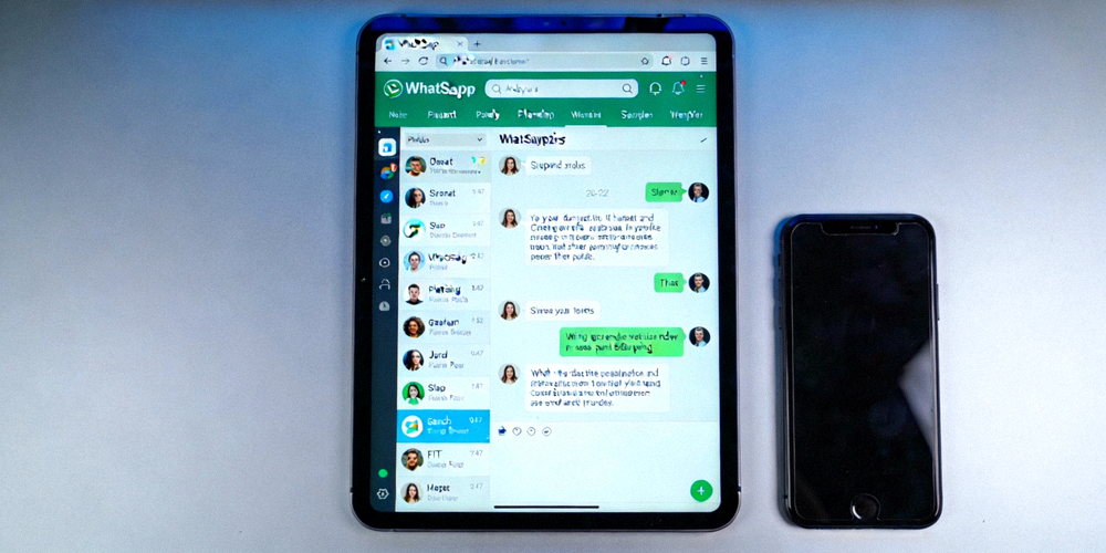 电脑屏幕上显示WhatsApp网页版界面，旁边放着一部手机